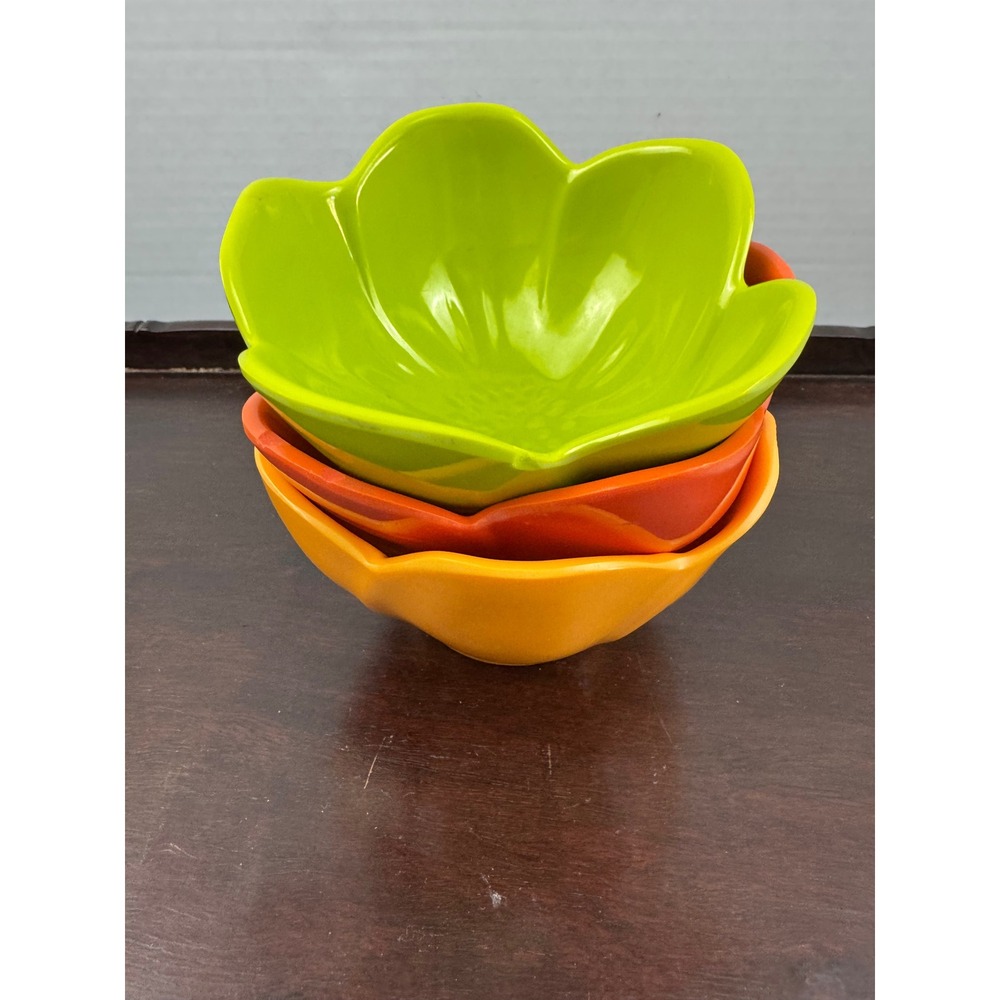 Set of 3 Flower Shaped Melamine Bowls Green Orange Yellow Petal Dip Snack Bowls‎